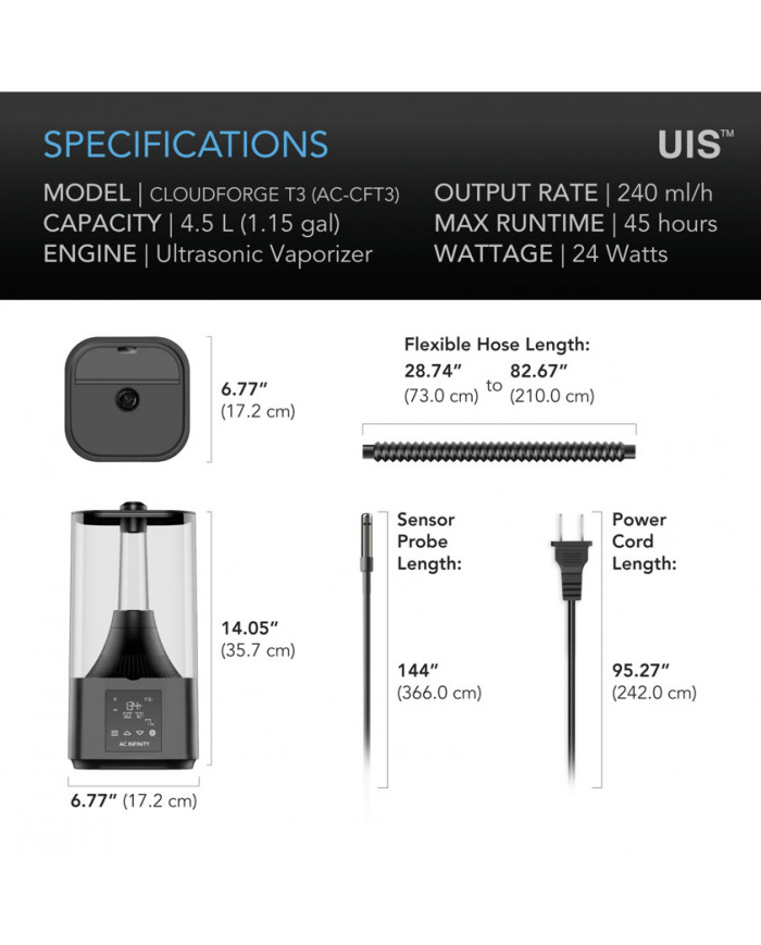 AC Infinity Cloudforge T3 Smart Humidifier - 4.5L Technical Spec