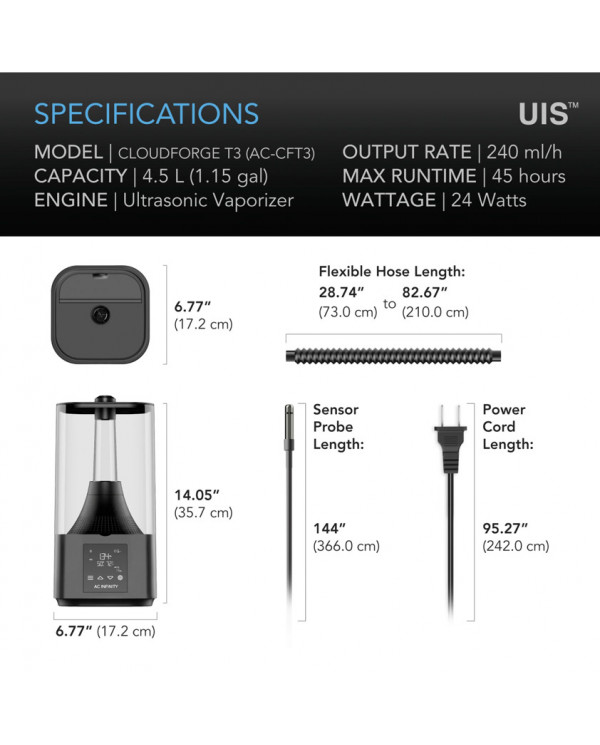 AC Infinity Cloudforge T3 Smart Humidifier - 4.5L Technical Spec